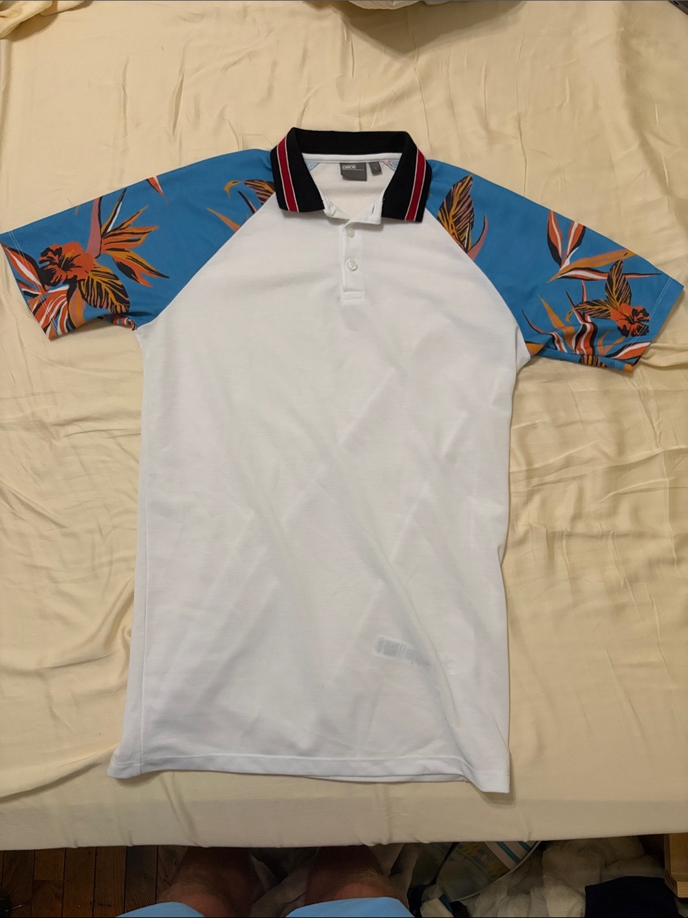 ASOS White Polo with Blue Tropical Print Sleeves